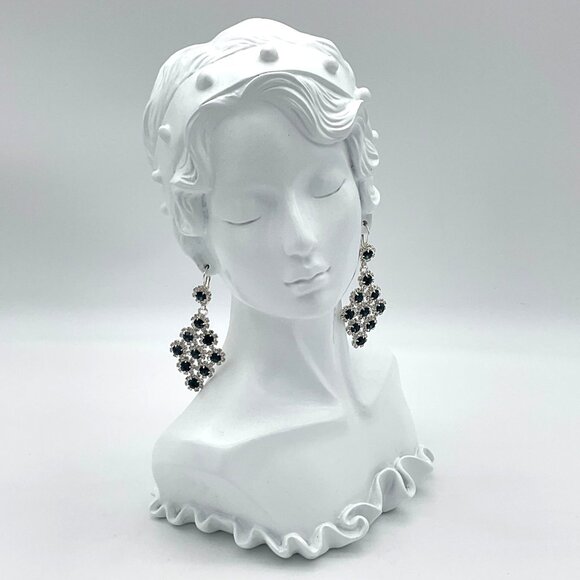 Silver Tone Deep Blue & Clear Rhinestone Pendant Statement Formal Earrings - Picture 3 of 4